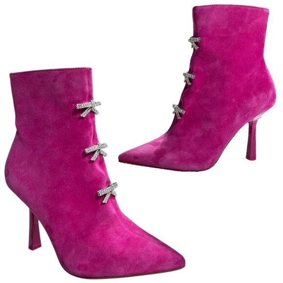Gianni Bini Womens Booties Sz 6 M Dalton Suede Rhinestone Bow Pink Pointed Toe - Picture 1 of 13